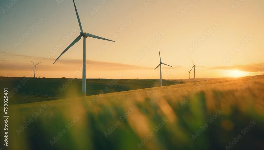Blurred Wind turbines in field during sunset showcasing renewable energy Blurred Wind turbines in field during sunset showcasing renewable energy
