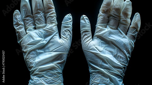 A pair of surgical gloves arranged neatly against a solid black backdrop, their latex material shining with a subtle sheen