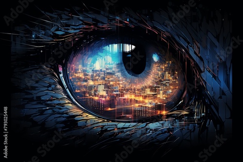 Create a surreal scene of a futuristic cityscape reflected in the eye of a stalking feline, using glitch art to depict the fusion of advanced technology and primal instincts in a visually stunning way