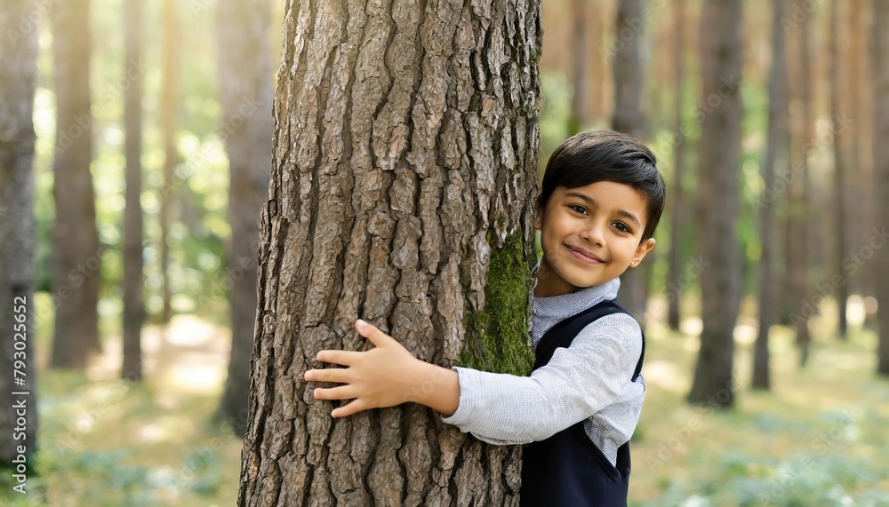 Child hugging a tree in the outdoor forest. Concept of battling a global problem of carbon dioxide and global warming Child hugging a tree in the outdoor forest. Concept of battling a global problem of carbon dioxide and global warming