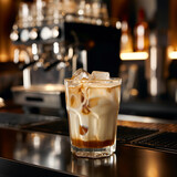 Frappe coffee with ice in a transparent glass stands on the bar counter