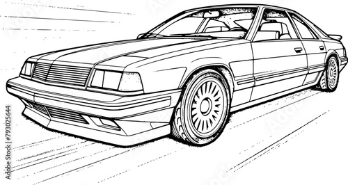 Abstract retro sports car in black and white ink drawing style, adult coloring book