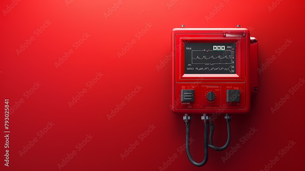 A pulse oximeter clipped onto a solid red background, its digital display glowing with vital signs data