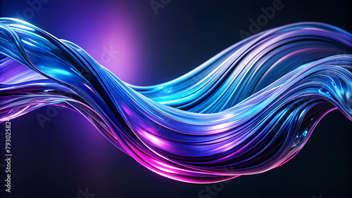 Flowing,wavy form with a metallic sheen undulates against a dark background,illuminated by hints of purple and blue light.It conjures an impression of sleek,futuristic design or high-tech material.AI photo