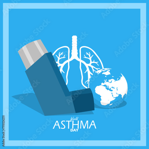 World Asthma Day event banner. An inhaler device with earth and lungs in frame on bright blue background to commemorate on May