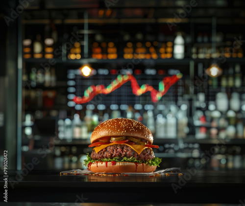 financial increase graphic on blur huge screen. a fast food hamburger on air and in front of screen. hamburger and between of the layers the two slice of breads would be on air hyperrealistic studio