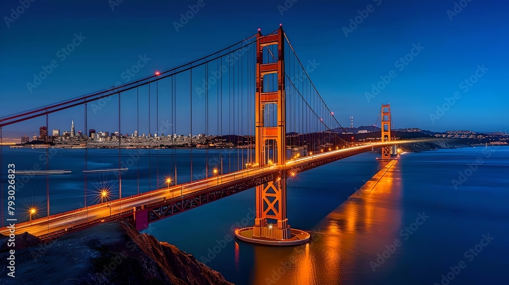 Obraz premium Illuminated suspension bridge at dusk, serene water body below, clear evening sky. Iconic structure captured in twilight hour. Vibrant colors reflect in water. Perfect for travel themes. AI