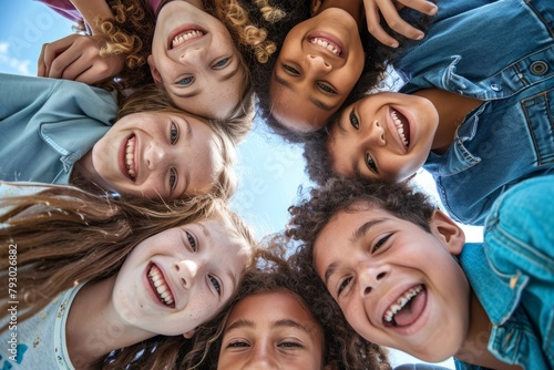 Portrait of group of smiling kids looking at camera against blue sky