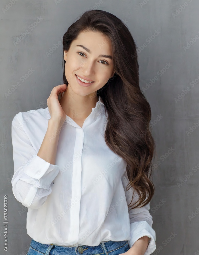 Beauty fashion portrait of smiling sensual young woman with dark long hair in white shirt and jeans on gray background banner, relaxed and chilled, copy space Beauty fashion portrait of smiling sensual young woman with dark long hair in white shirt and jeans on gray background banner, relaxed and chilled, copy space