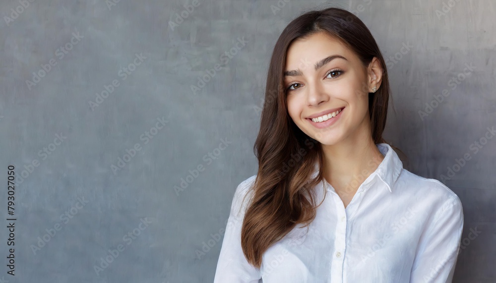 Beauty fashion portrait of smiling sensual young woman with dark long hair in white shirt and jeans on gray background banner, relaxed and chilled, copy space Beauty fashion portrait of smiling sensual young woman with dark long hair in white shirt and jeans on gray background banner, relaxed and chilled, copy space