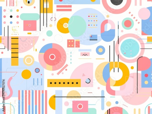Colorful and playful pattern with various shapes, including circles, squares, lines, dots, stripes in pastel colors Generative AI