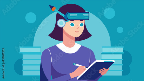 A student wearing a futuristiclooking device on her forehead taking notes and retaining information effortlessly..