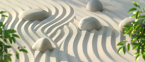 Vector 3D illustration of a tranquil Zen garden, raked sand patterns, smooth stones, minimalist greenery,