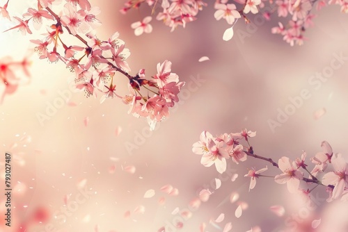 Blooming cherry blossoms drifting gently in the breeze.