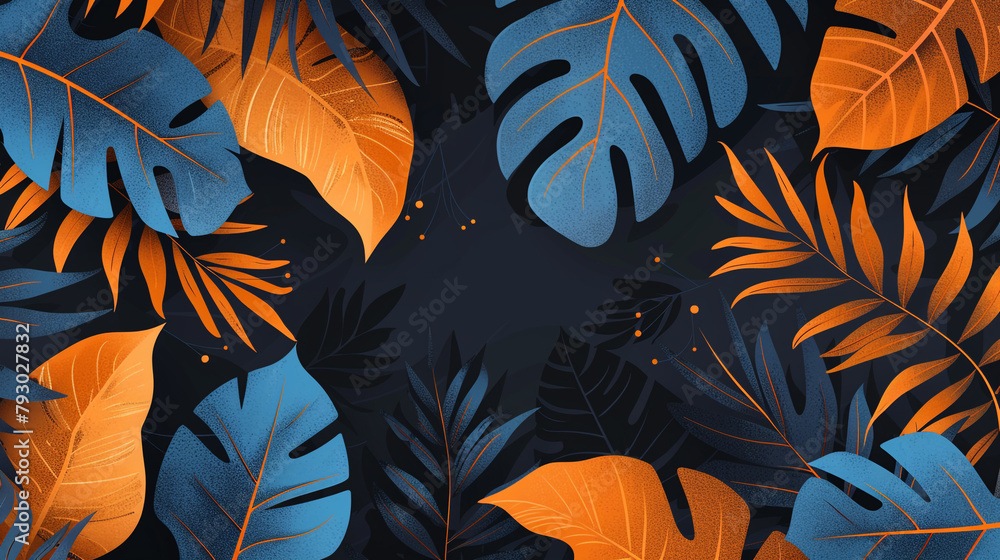 A flat illustration featuring vibrant orange and blue leaves on a black background.
