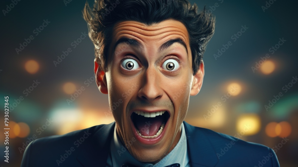 Astonished Young Man with Wide Eyes and Open Mouth in Suit