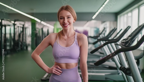 Beautiful young woman in sportswear is smiling while working out in gym © Marko