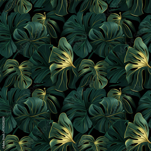 Floral pattern, philodendron plant, leaves with linear monstera plant arts, vector illustration. Vector of the green background of nature