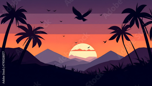 silhouettes vector sunset in the jungle with birds