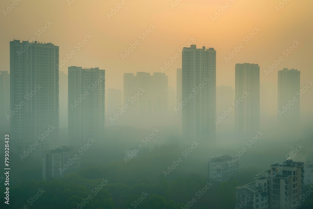 Fototapeta premium An urban skyline obscured by a thick layer of smog, highlighting the urgent need for sustainable urban development.
