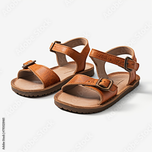 Leather Strapped Summer Sandals on White Background, AI Generation