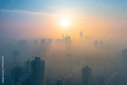 An urban skyline obscured by a thick layer of smog, highlighting the urgent need for sustainable urban development.