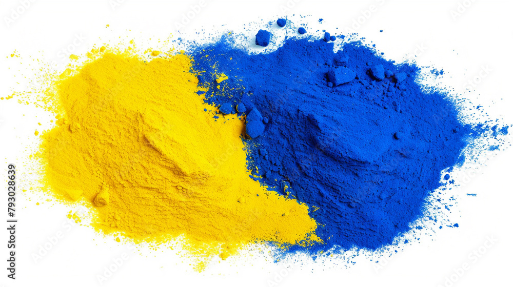 Abstract 3d render, blue and yellow powder explosion isolated texture on white background High quality photo Abstract 3d render, blue and yellow powder explosion isolated texture on white background High quality photo
