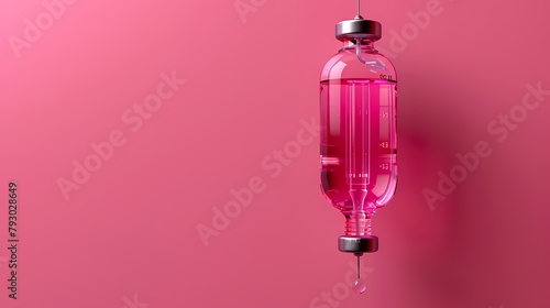 A single IV bag hanging on a solid pink background, showcasing its transparent fluid container and flow regulator