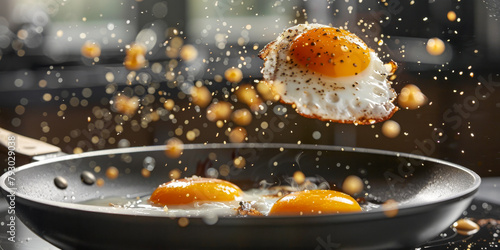 Dynamic Egg Frying in Pan with Splattering Oil Drops