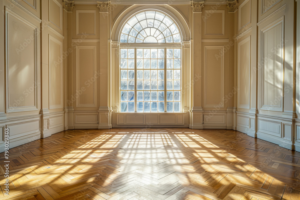 Sunlight pours through the grand arched window of an elegant room, casting intricate shadows on the herringbone parquet floor
