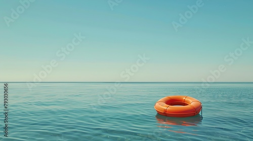 Tranquil ocean scene with a single orange lifebuoy floating on calm waters. Concept of solitude and peace in nature. Perfect for serene backgrounds. AI