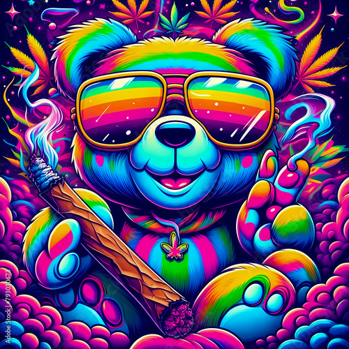 Digital art of a psychedelic cool teddy bear smiling smoking a blunt