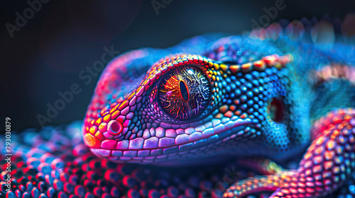 Macro photography, futuristic organic nature-inspired vibrant abstract reptile lizard pattern connecting and flowing. Very modern. Nature technology, sustainability design, isolated, bokeh photo