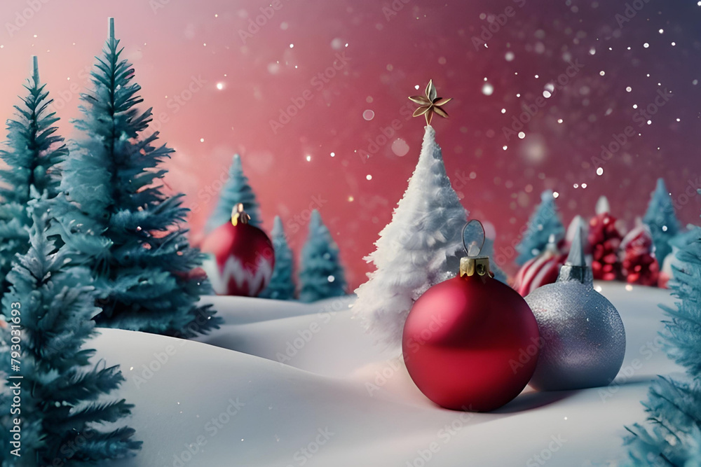 Fantasy abstract Christmas winter festive composition. Colorful Xmas background realistic decorative design objects 3d render