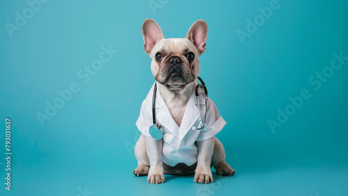 A cute French Bulldog in a doctor costume with a stethoscope	