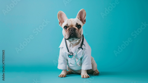 A cute French Bulldog in a doctor costume with a stethoscope 