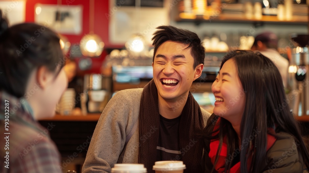 A candid moment of laughter shared between friends from different cultural backgrounds at a local coffee shop, their genuine smiles reflecting the universal language of joy.