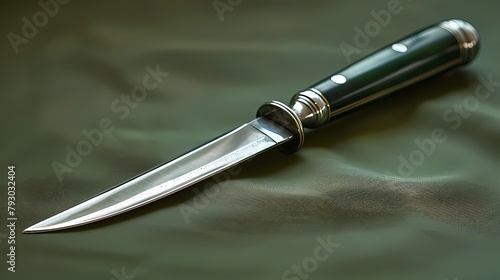 A single surgical scalpel on a solid olive green background, showcasing its sharp blade and ergonomic handle photo