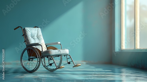 A single wheelchair on a solid turquoise background, showcasing its sturdy frame and comfortable seating photo