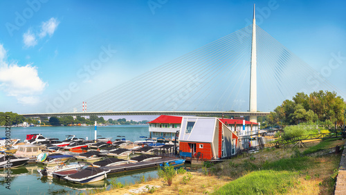 Amazing view of  Ada Bridge or alternatively Sava Bridge - a cable-stayed bridge over the Sava river.