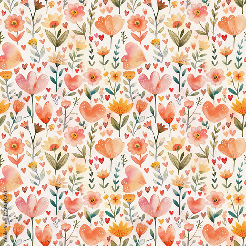 Watercolor flowers and hearts in a warm seamless pattern
