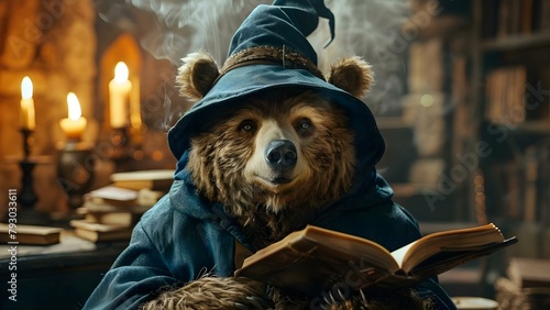 Bear Wearing Wizard Costume and Displaying Human-Like Intelligence in Surreal Photo Shoot. Concept Surreal Photoshoot, Animal Anthropomorphism, Wizard Costume, Intelligent Bear, Fantasy Concept