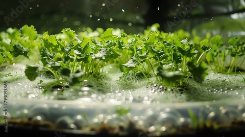 Tiny lettuce plants sprout within a selfcontained ecosystem, their delicate roots bathed in a nutrient mist, a testament to the ingenuity of sustainable agriculture in space photo