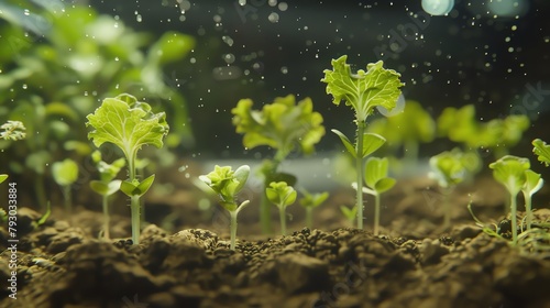 Tiny lettuce plants sprout within a selfcontained ecosystem, their delicate roots bathed in a nutrient mist, a testament to the ingenuity of sustainable agriculture in space photo