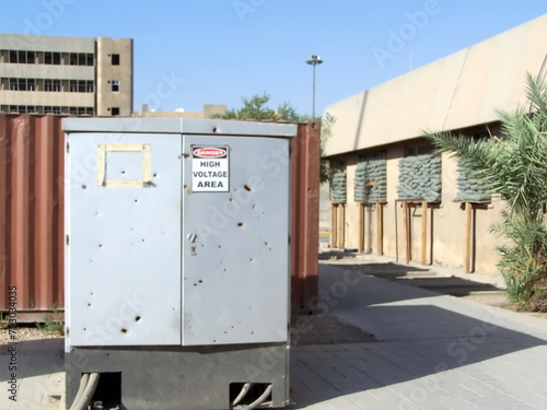 Blast damage to a electrical box at FOB Loyalty during Operation Iraqi Freedom in Baghdad, Iraq