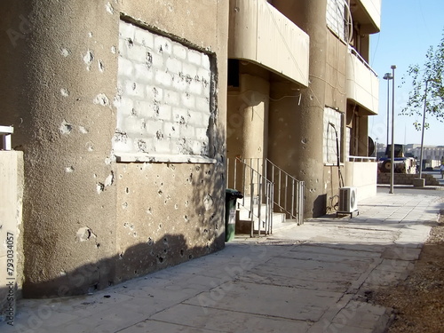 Blast damage to the front of a building at FOB Loyalty during Operation Iraqi Freedom in Baghdad, Iraq