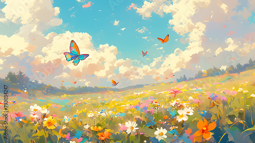 
A vivid butterfly with iridescent wings graces a blossoming meadow, flitting among delicate flowers under a radiant sky, its colors a dance of nature’s splendor. photo