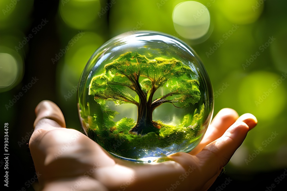 high-quality image of a human hand clutching a glass ball with a tree within an environment conservation concepthand clutching a glass globe that contains a green tree. idea of protecting the environm