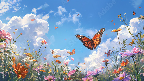 
A vivid butterfly with iridescent wings graces a blossoming meadow, flitting among delicate flowers under a radiant sky, its colors a dance of nature’s splendor. photo
