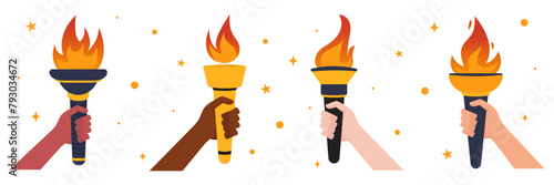 Set of hands holding torches. Olympic torchlights. Vector illustration.